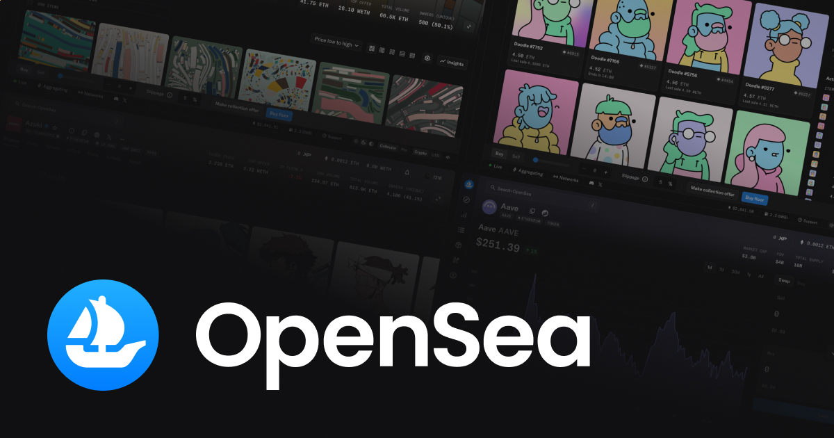 OpenSea sailboat logo and wordmark over darkened marketplace screens